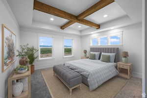 AI: Carpeted bedroom featuring beam ceiling and recessed lighting