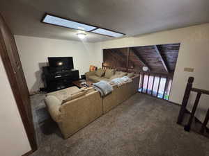 Carpeted living room featuring a skylight and a textured ceiling