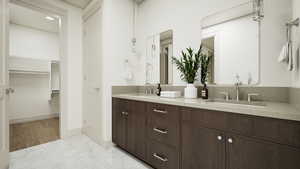 Renderings are for illustrative purposes only.Features, finishes, dimensions, layouts, landscaping, and amenities shown are conceptual and subject to change without notice. Actual construction may vary. Full bathroom with light marble finish floors, doub