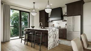 Renderings are for illustrative purposes only.Features, finishes, dimensions, layouts, landscaping, and amenities shown are conceptual and subject to change without notice. Actual construction may vary. Kitchen featuring dark brown cabinets, stainless st