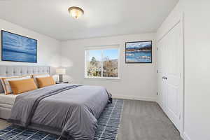 Bedroom with light colored carpet and a closet
