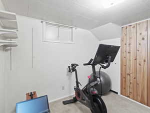 Workout room with carpet floors and vaulted ceiling
