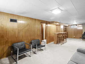Interior space with light colored carpet, wood walls, a bar, and a wood stove
