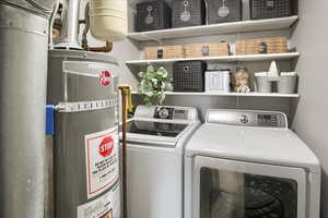 Laundry room featuring strapped water heater and independent washer and dryer