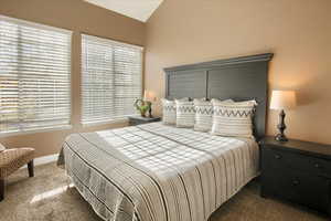 Carpeted bedroom with baseboards and lofted ceiling