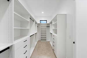 Spacious closet featuring light carpet