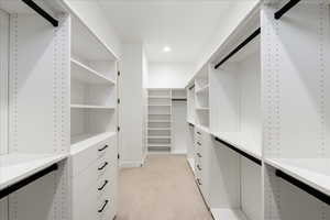 Spacious closet with light carpet