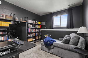Office area with carpet and a textured ceiling