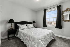 Bedroom with a textured ceiling and dark carpet