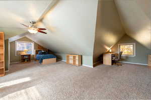 Carpeted bedroom with vaulted ceiling, an office area, multiple windows, and ceiling fan
