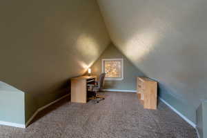 Home office featuring carpet floors, vaulted ceiling, and a textured ceiling
