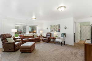 Living area with light colored carpet and baseboards