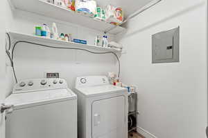 Laundry area with electric panel and independent washer and dryer
