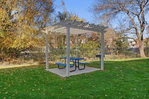 View of community with a fenced backyard, a patio area, and a pergola