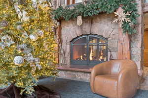Detailed view of an outdoor stone fireplace