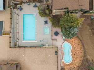 Drone / aerial view of a pool