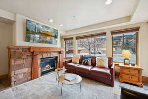 Living area featuring a fireplace and baseboards