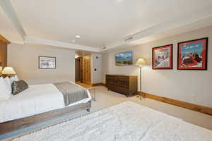 Bedroom with light colored carpet and recessed lighting