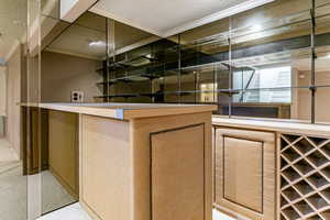 Dry bar area featuring crown molding and a textured ceiling