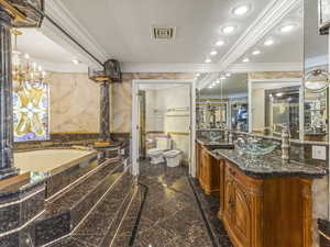 Full bathroom with vanity, ornamental molding, a bath, recessed lighting, and a bidet