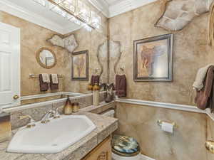 Bathroom featuring ornamental molding and vanity