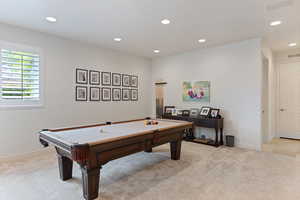 Rec room with recessed lighting, billiards, and light colored carpet