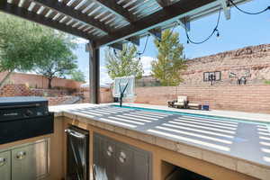 Fenced backyard with a patio, a pergola, and area for grilling