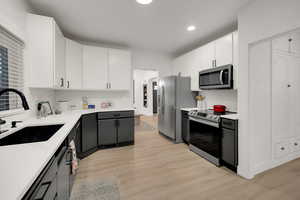 Kitchen with white cabinets, stainless steel appliances, light wood-type flooring, tasteful backsplash, and recessed lighting