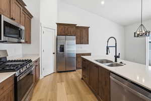 Kitchen featuring appliances with stainless steel finishes, light wood-style flooring, vaulted ceiling, decorative light fixtures, and dark brown cabinets