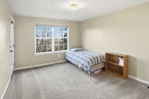 Bedroom with light carpet and baseboards
