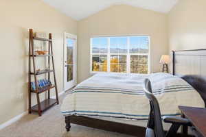 Bedroom featuring carpet floors, access to exterior, and vaulted ceiling