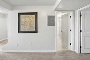 Hall featuring light colored carpet and electric panel