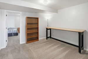 Finished below grade area featuring light colored carpet and baseboards