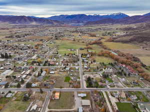Aerial view of residential area with mountains