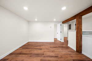 Unfurnished room with dark wood-type flooring, recessed lighting, and electric panel