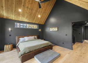 Bedroom featuring high vaulted ceiling, recessed lighting, light wood-type flooring, and wooden ceiling