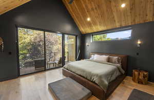 Bedroom featuring light wood-type flooring, recessed lighting, high vaulted ceiling, access to exterior, and wood ceiling