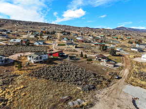 Aerial view of residential area with mountains