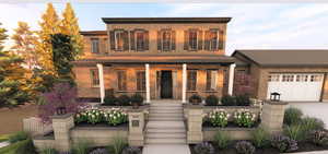 View of front of home with covered porch, brick siding, and an attached garage