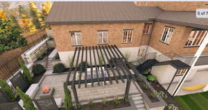 Back of property featuring stairway, a patio area, brick siding, and a tile roof