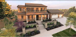 View of front of house featuring a tiled roof, covered porch, decorative driveway, a garage, and brick siding