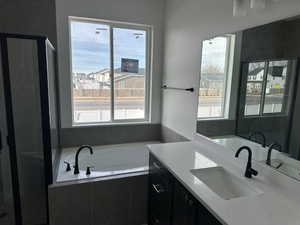 Bathroom featuring a garden tub, vanity, healthy amount of natural light, and a stall shower