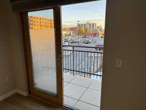 Entryway featuring wood finished floors and a city view