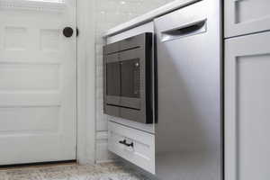 Kitchen view of appliances with stainless steel finishes