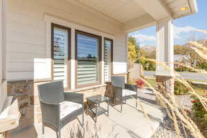 View of patio featuring a mountain view.