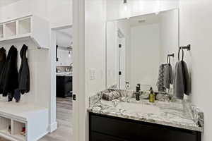 Bathroom with vanity, light wood finished floors, and decorative backsplash