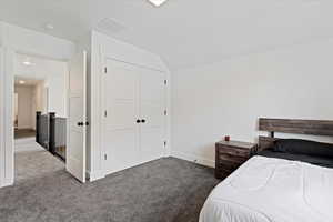 Bedroom featuring carpet floors, a closet, and lofted ceiling