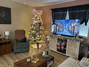 Living area with wood finished floors