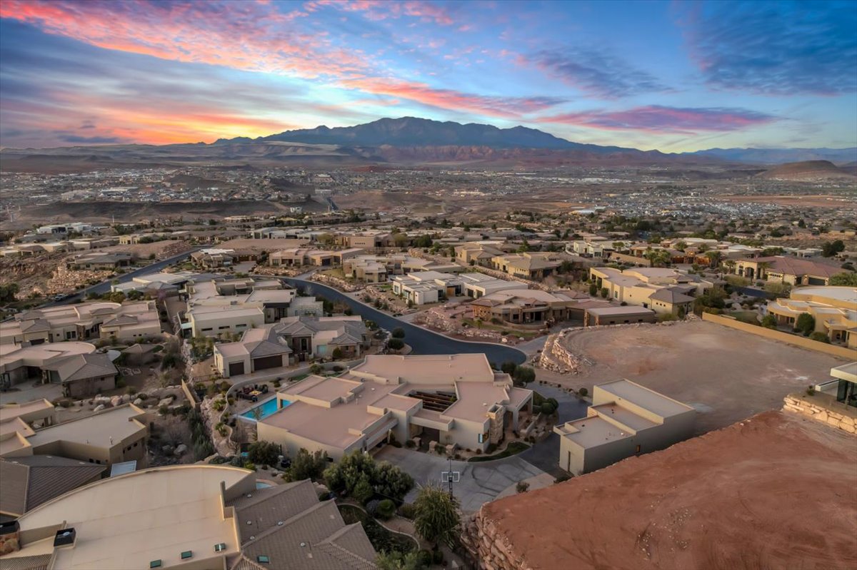Aerial view at dusk of a mountain view and a residential view
