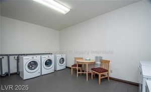 Laundry area with washing machine and clothes dryer and baseboards